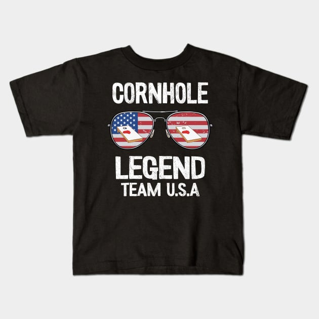 Cornhole Legend Team U.S.A American Flag Sunglasses Bean Bag Kids T-Shirt by Kuehni